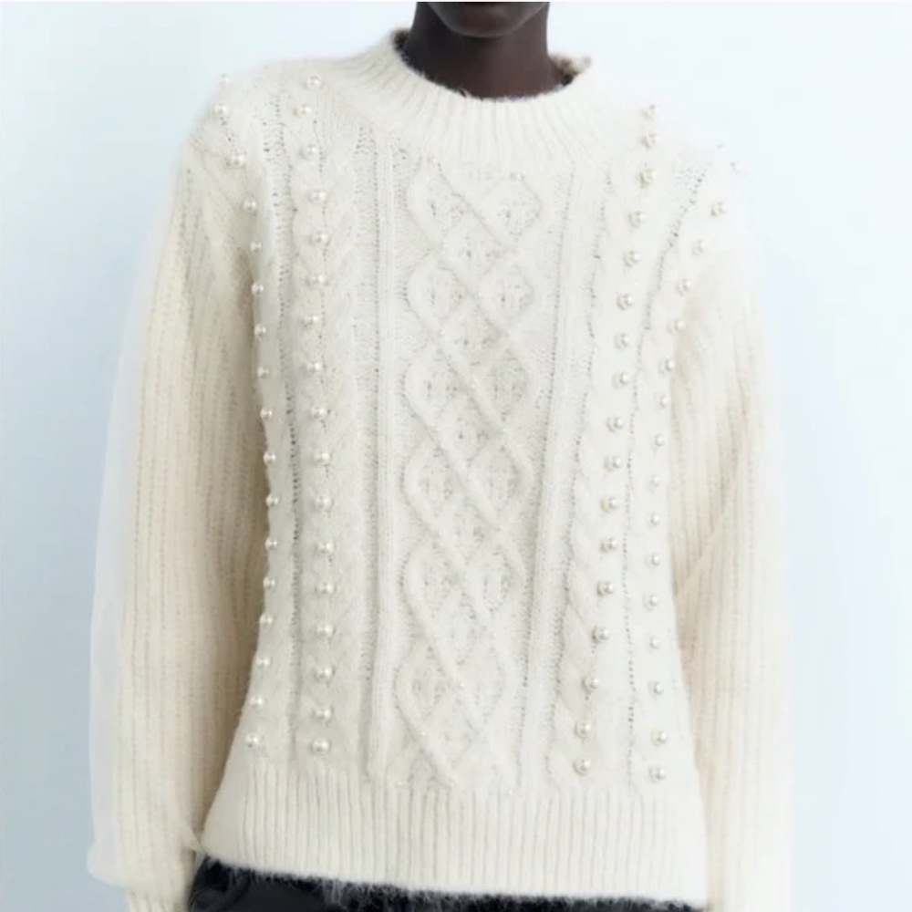 ZARA MIXED TULLE AND PEARL KNIT SWEATER NWT